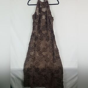 Amy Lynn Cici Halter-Neck Bronze Brown Floral Crochet Maxi Dress Sz UK 12, US 8